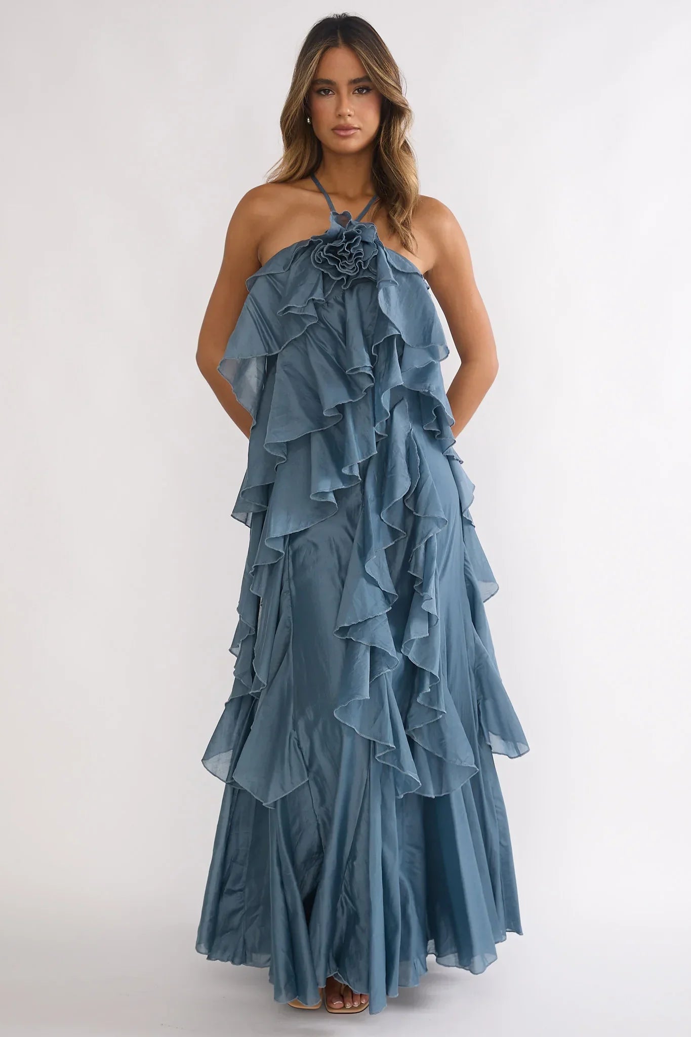 Oceara Ruffle Trim Spaghetti Strap Maxi Dress Slate Blue