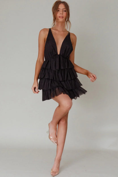 Auguste Tiered Frill Mini Dress Black