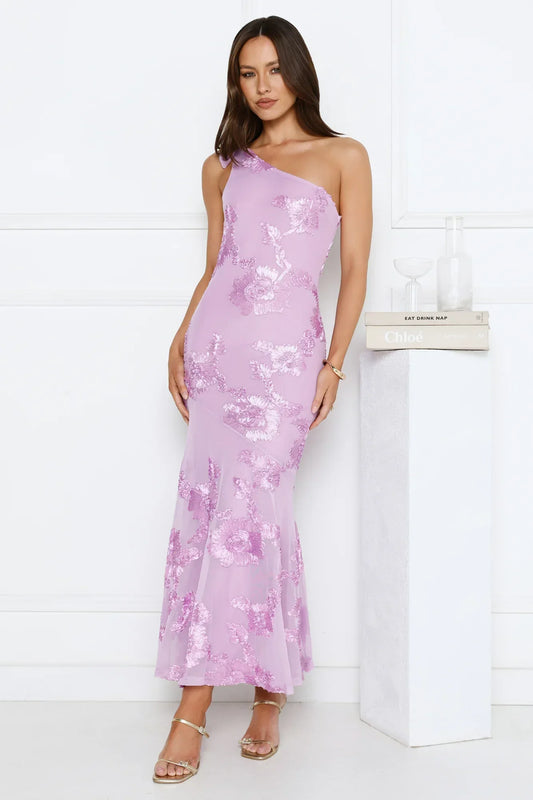 Glossy Girl One Shoulder Mesh Maxi Dress