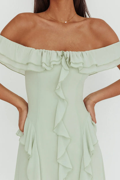 Scarlet Off-Shoulder Ruffle Trim Maxi Dress Sage