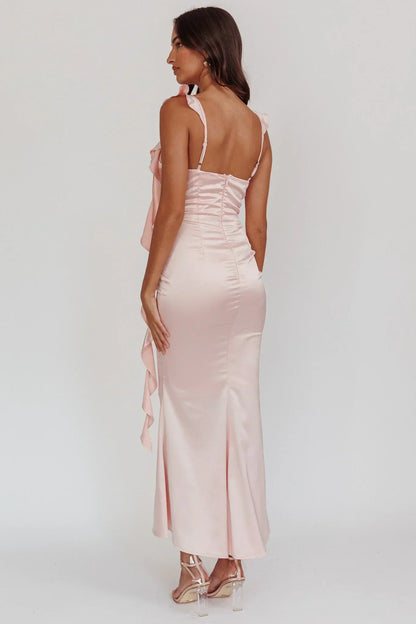 Blushing Ruffle Trim Midi Dress Baby Pink