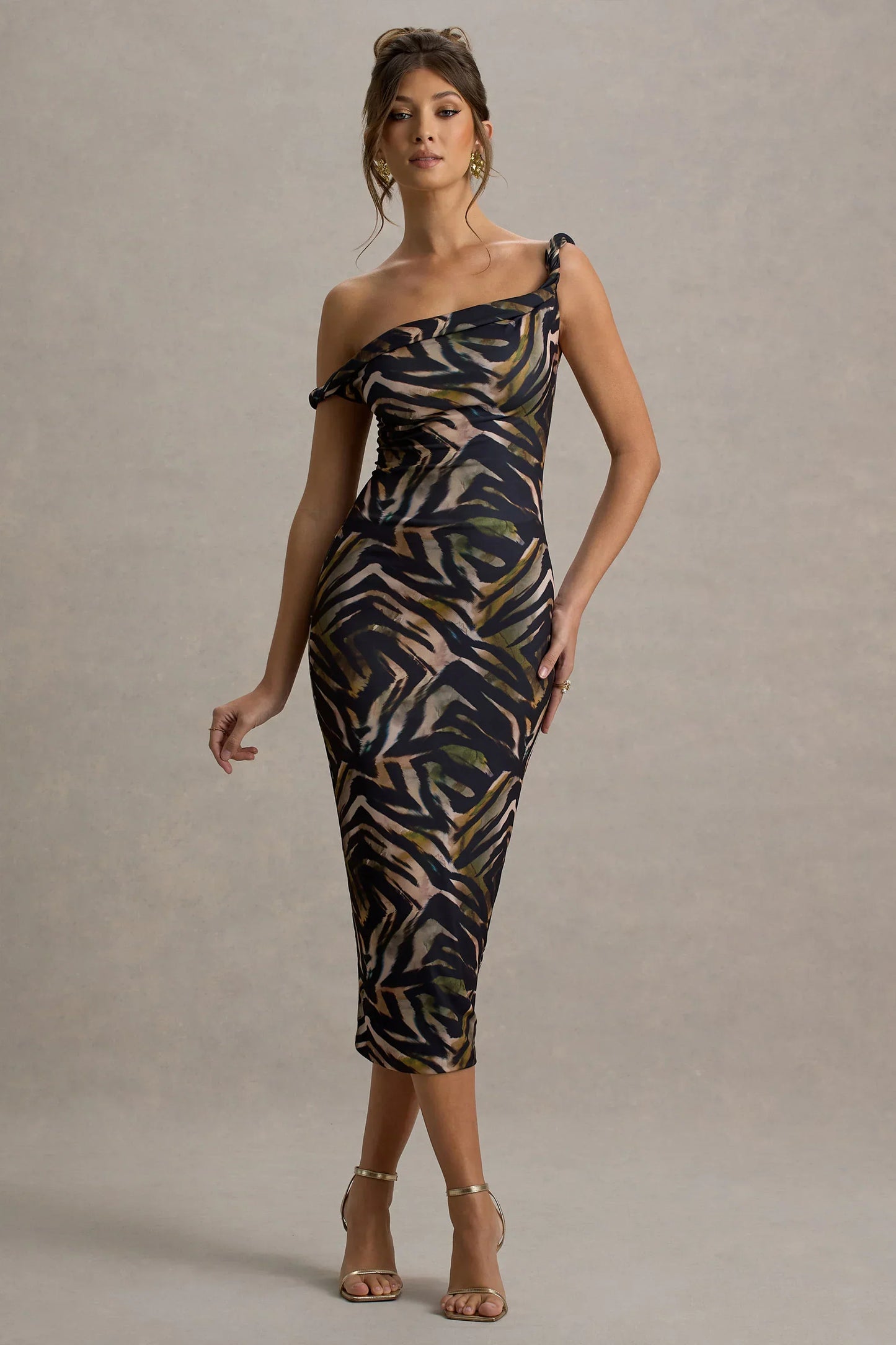 Nora | Zebra Print Twisted Asymmetric Midi Dress