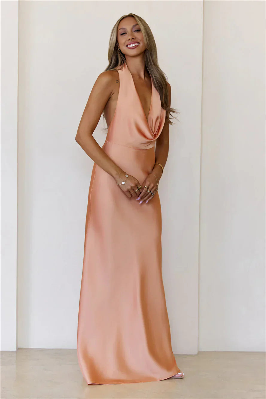 Nightfall Noir Halter Satin Maxi Dress