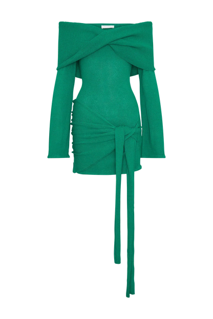 Camryn Off Shoulder Tie Knit Mini Dress - Green