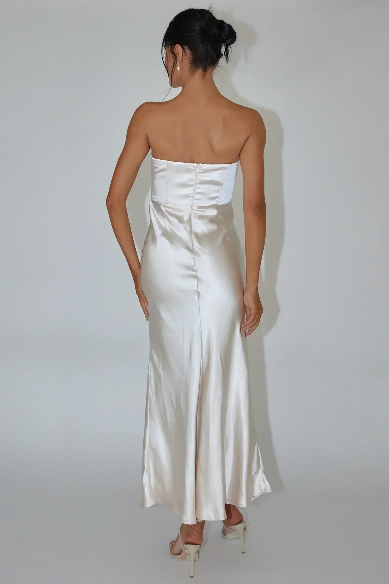 Encore Strapless Satin Maxi Dress Champagne
