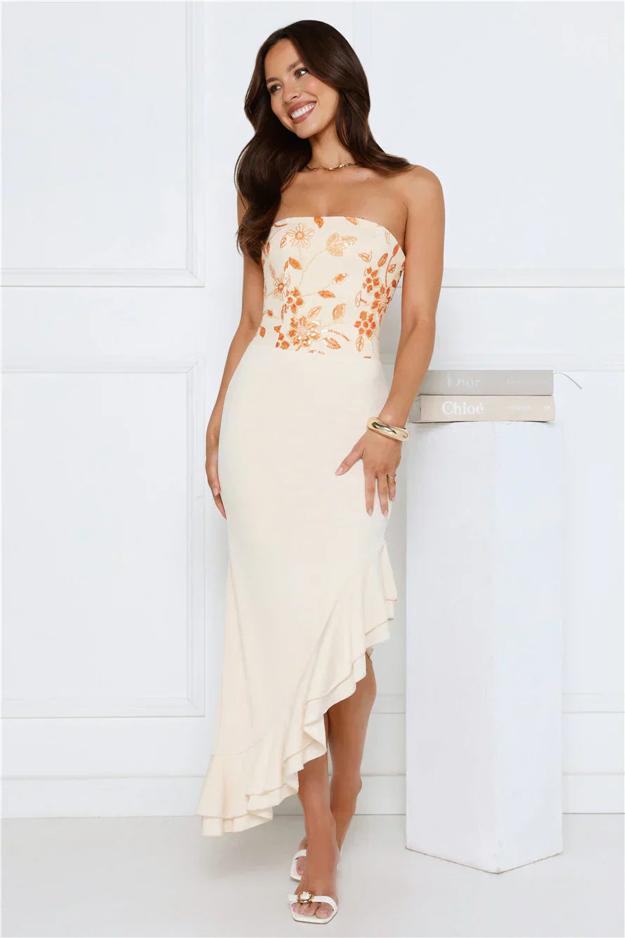 Enchanted Affection Strapless Sequin Midi Dress