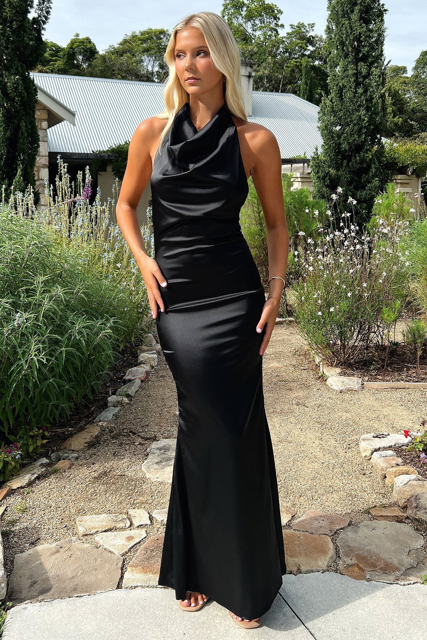 Corwin Open Back Satin Maxi Dress - Black