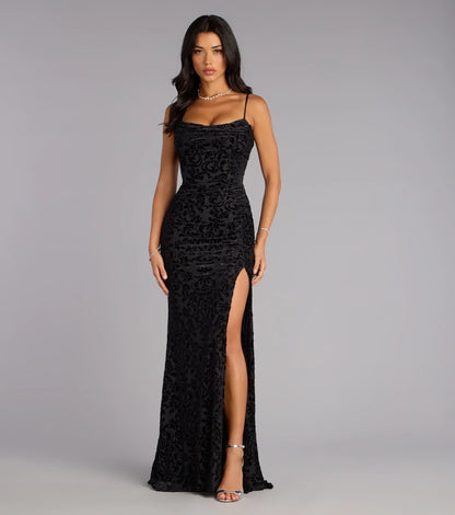 Ashlie Velvet Burnout Lace-Up Formal Dress