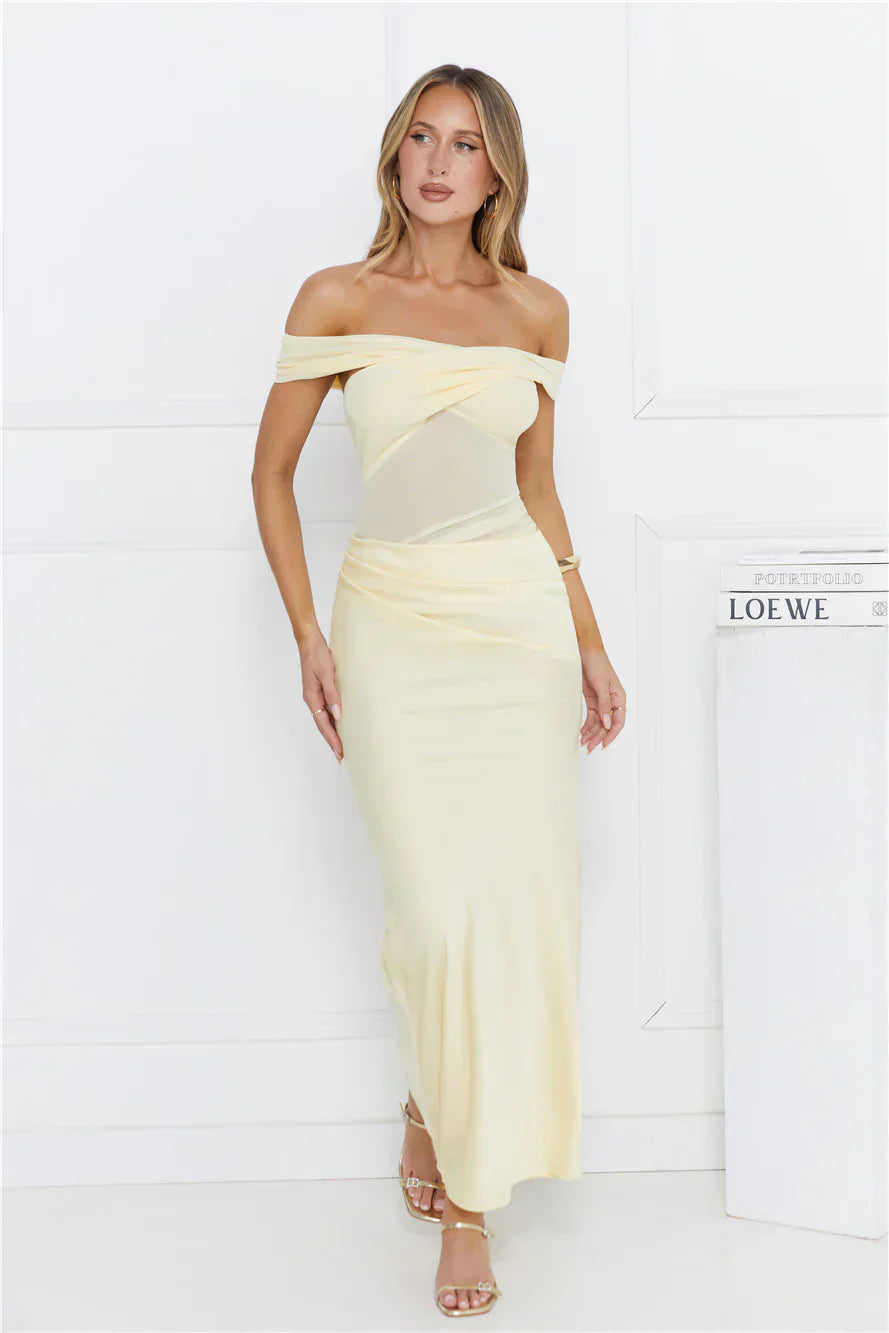 Silent Dreams Mesh Satin Off Shoulder Maxi Dress