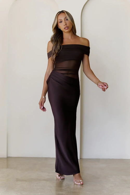 Veiled Whispers Off Shoulder Maxi Dress
