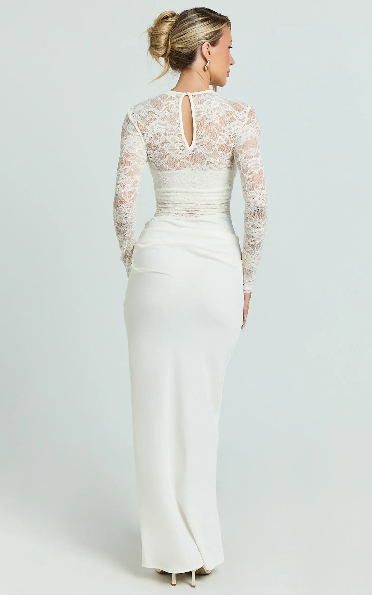 Crisanta Maxi Dress - Long Sleeve Contrast Lace Bodycon Dress in Ivory