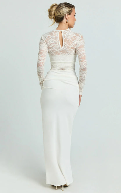 Crisanta Maxi Dress - Long Sleeve Contrast Lace Bodycon Dress in Ivory