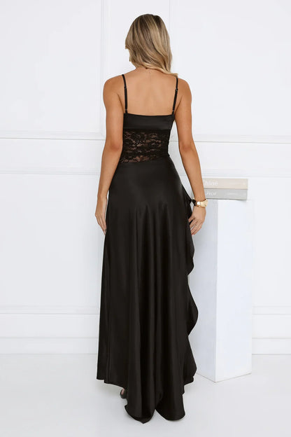 Dusky Dazzle Lace Satin Maxi Dress Black
