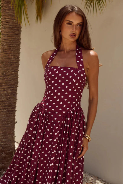 Sammi Midi Dress - Wine/White Polka