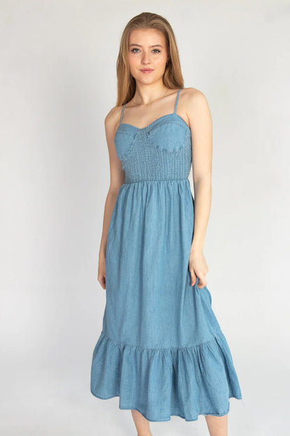 Smocked Bodice Chambray Maxi Dress