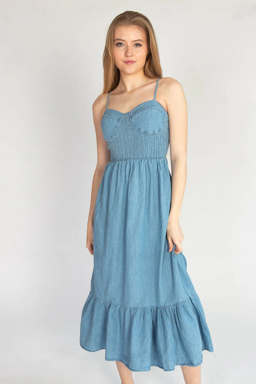 Smocked Bodice Chambray Maxi Dress