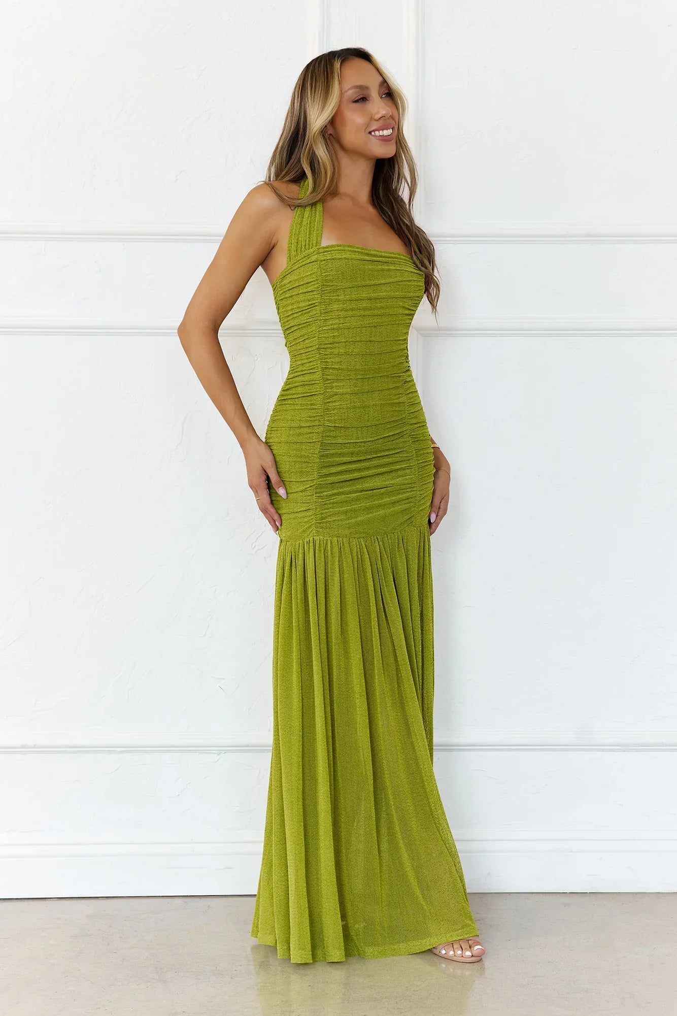 Evelyn Luxe Mesh Halter Maxi Dress Olive