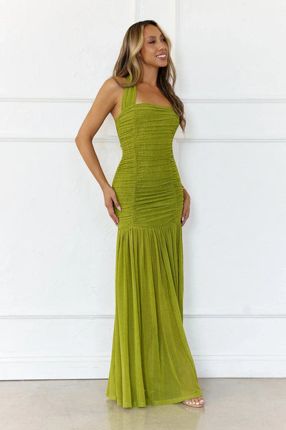 Evelyn Luxe Mesh Halter Maxi Dress Olive