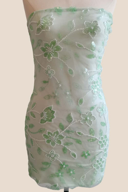 Strapless Sage Beaded Flowers Tight Short Dress