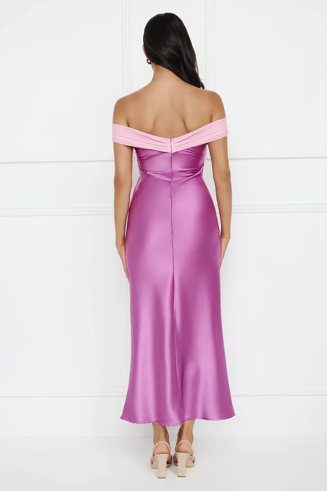 Luxe And Lavish Off Shoulder Satin Maxi Dress Purple