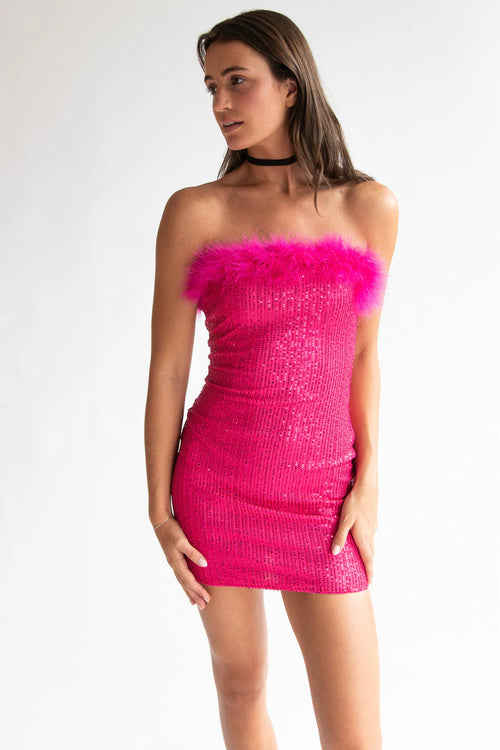 Sequin Fur Trim Strapless Mini Dress