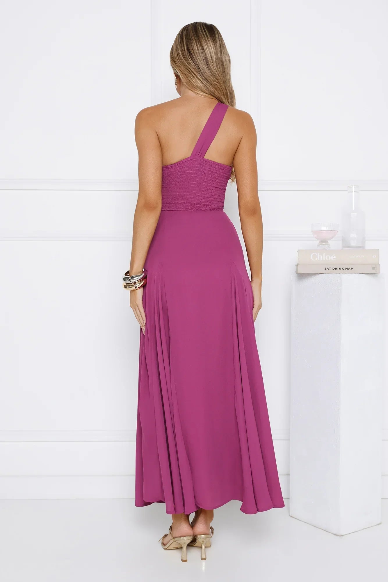Glossed Edge One Shoulder Maxi Dress Plum