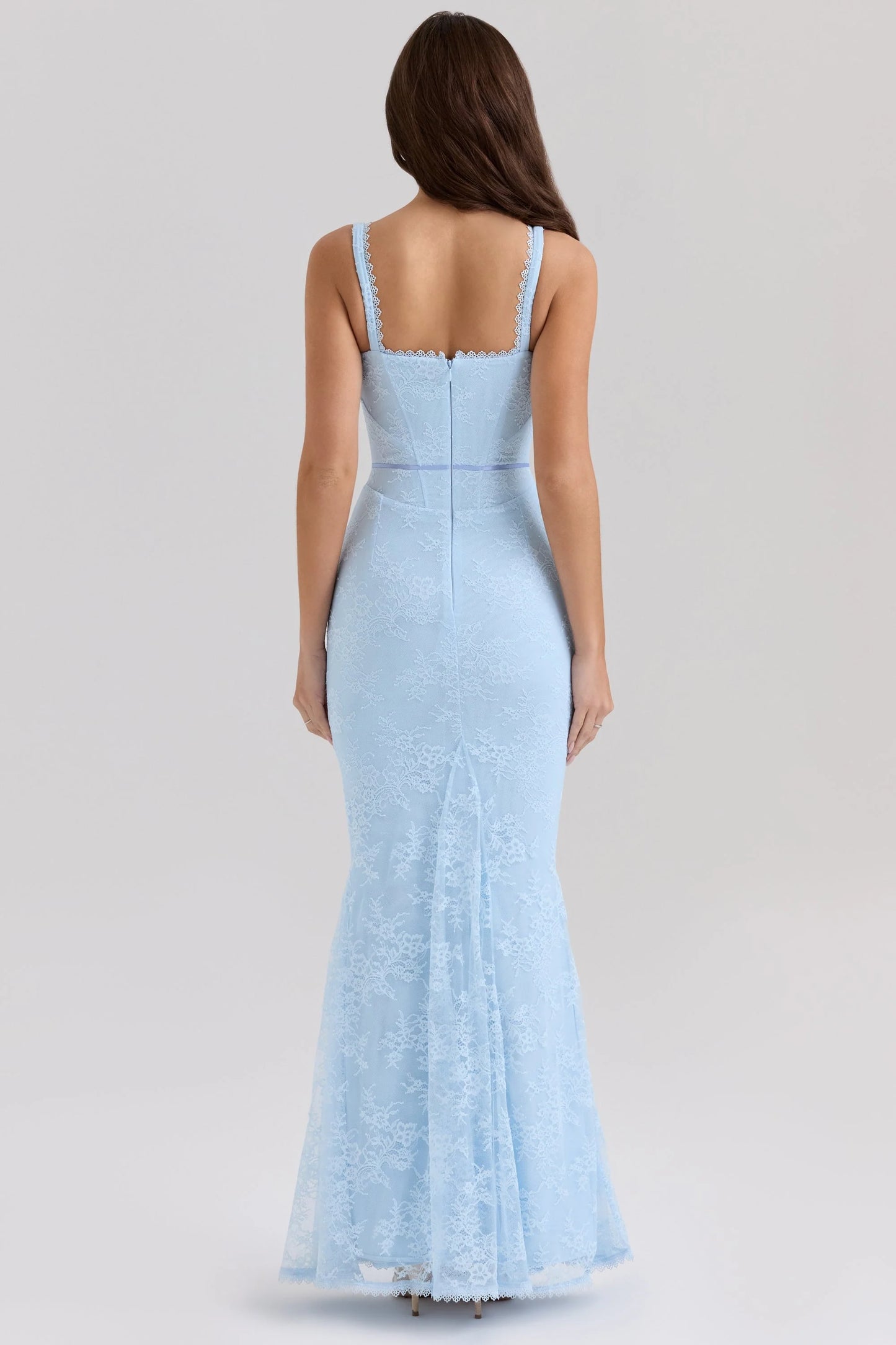 blue lace godet maxi dress