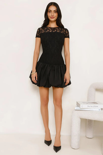 Downtown Diva Lace Bubble Mini Dress Black