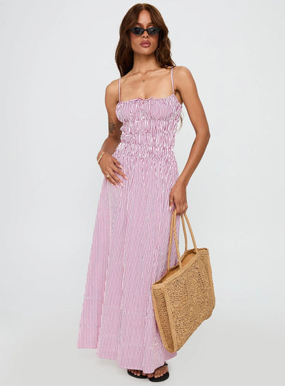 Loralei Shirred Maxi Dress Red Stripe