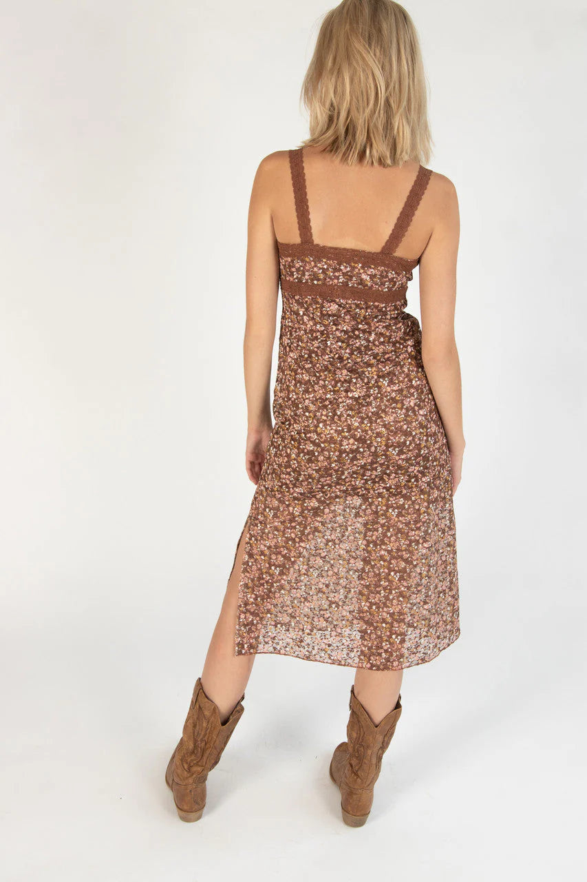 Brown Lace Trim Printed Midi Dress