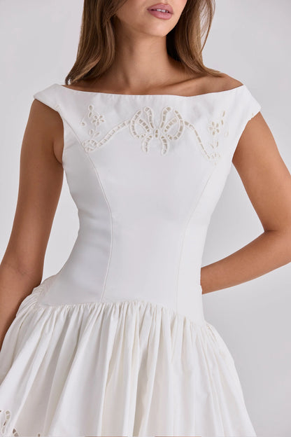 white cotton broderie anglaise boat neck mini dress