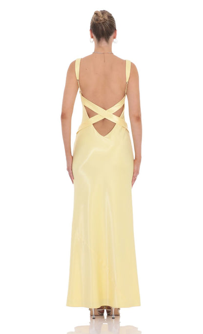 Satin Open Back Maxi Dress in Yellow