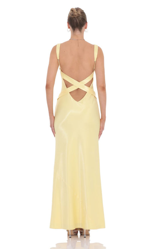 Satin Open Back Maxi Dress in Yellow