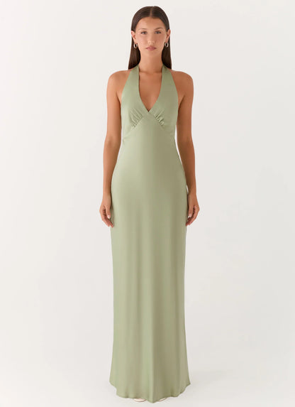 Heavy Hearted Satin Maxi Dress - Sage