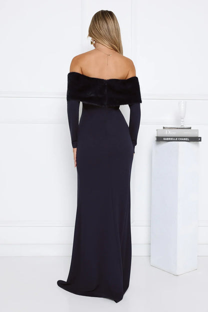 Glow In The Snow Faux Fur Off Shoulder Maxi Dress Navy