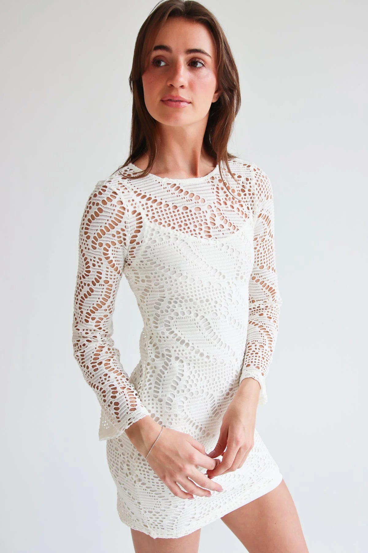 Bell Sleeve Crochet Dress With Slip