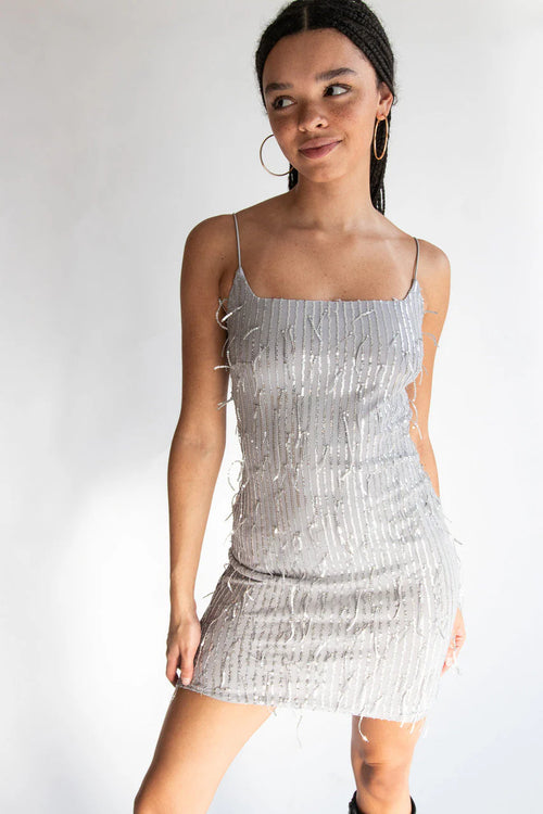 Silver Sequin Fringe Mini Dress
