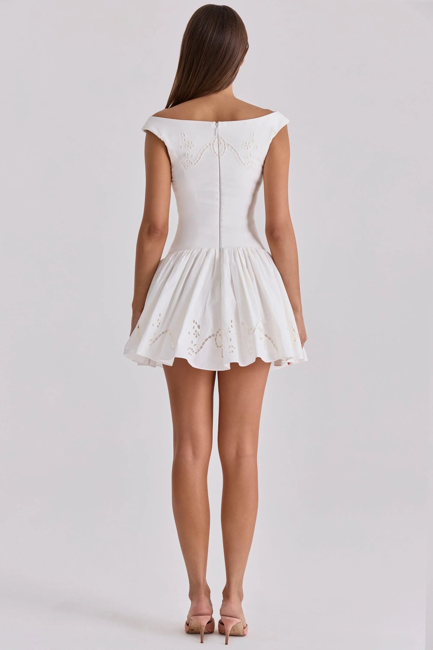 white cotton broderie anglaise boat neck mini dress