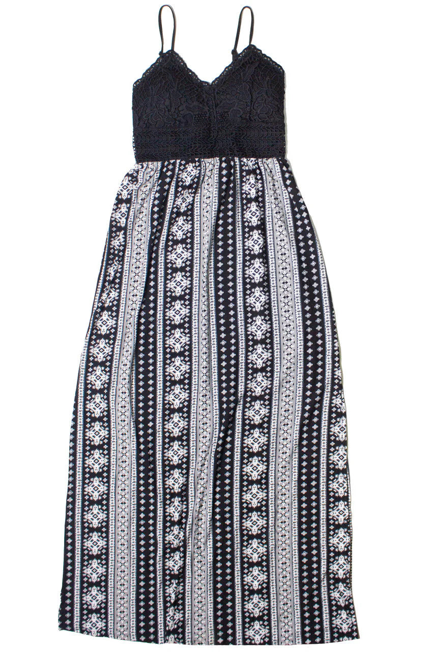 Lace Top Border Print Maxi Dress