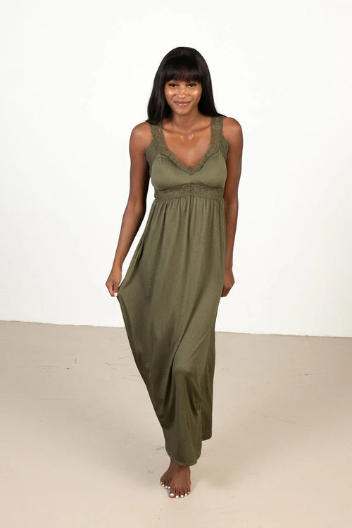 Olive Green Crochet Trim Maxi Dress