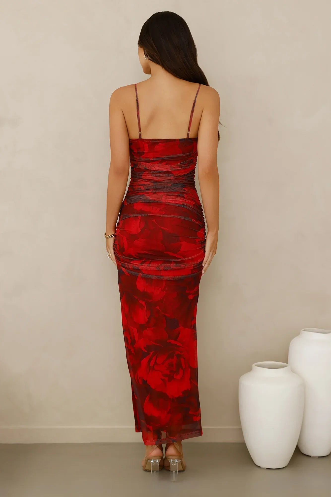 Peach Fling Mesh Maxi Dress Red