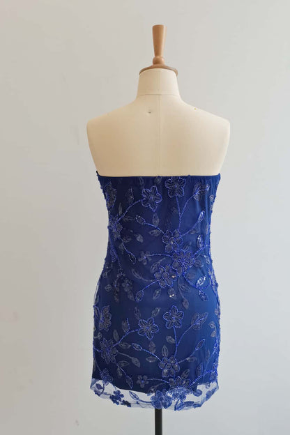 Strapless Sage Beaded Flowers Tight Short Dress