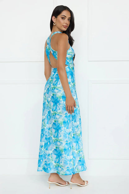 Ocean Spark Satin Maxi Dress Blue