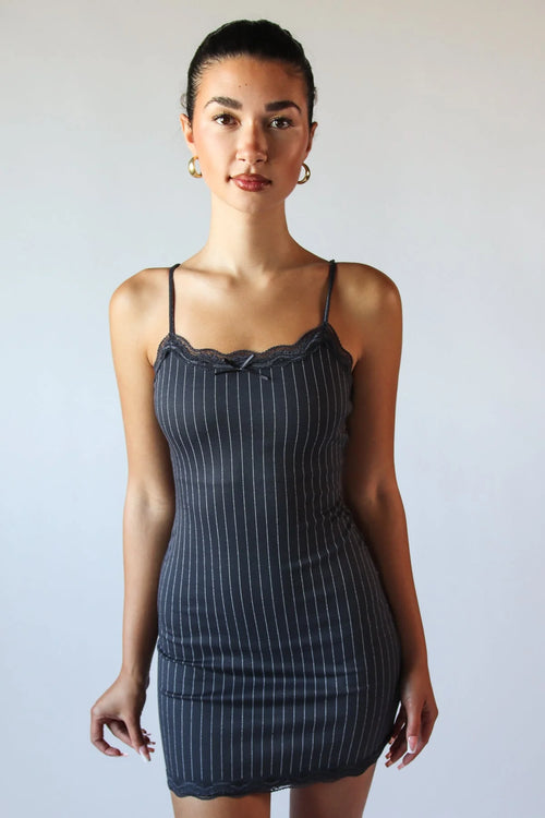 Lace Trim Pinstripe Mini Dress