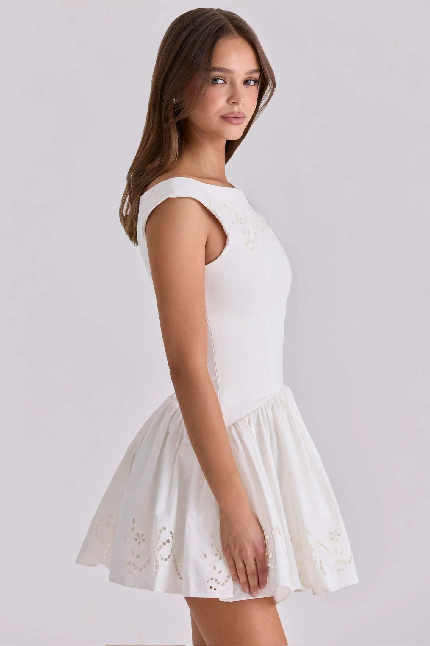 white cotton broderie anglaise boat neck mini dress