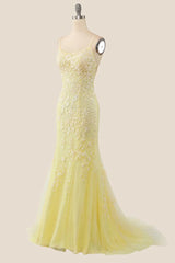 Yellow Mermaid Lace Appliques Long Formal Dress