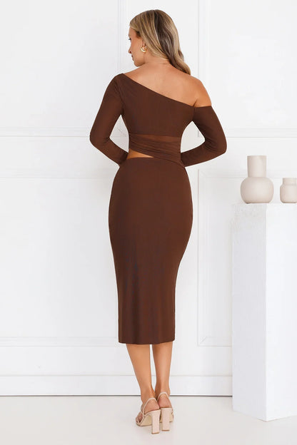 More To Want Long Sleeve Mesh Midi Dress Brown
