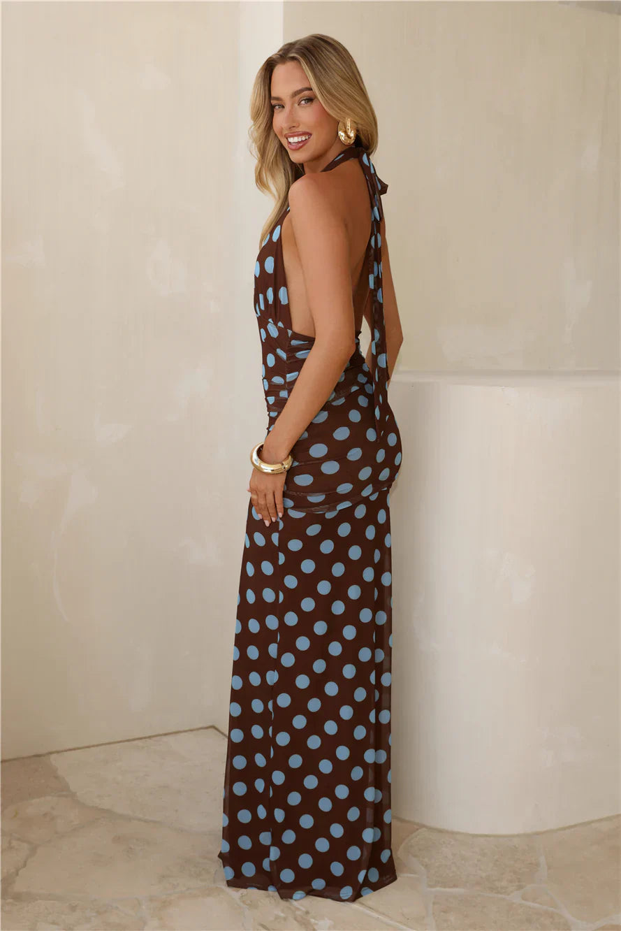 Cool Girl Energy Halter Polka Dot Maxi Dress Brown