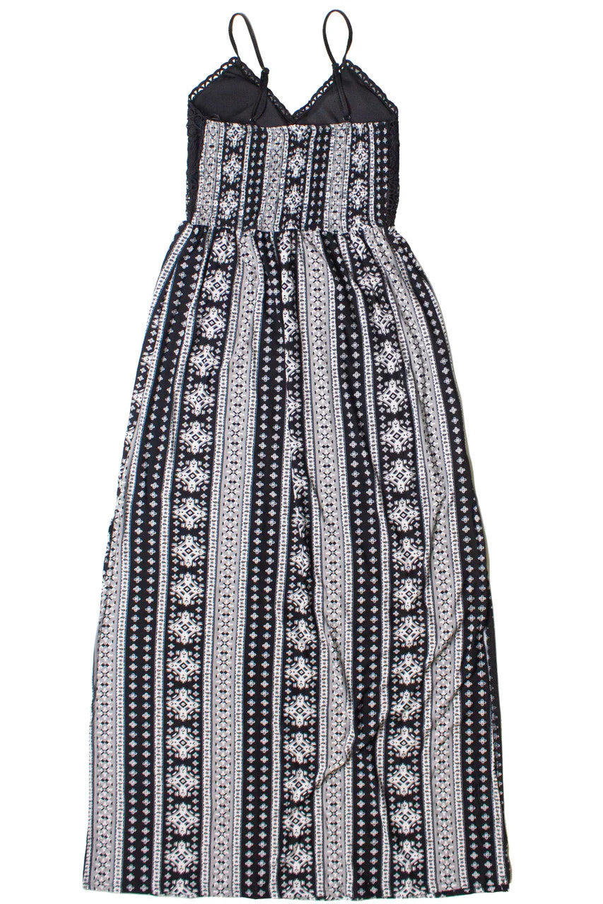 Lace Top Border Print Maxi Dress