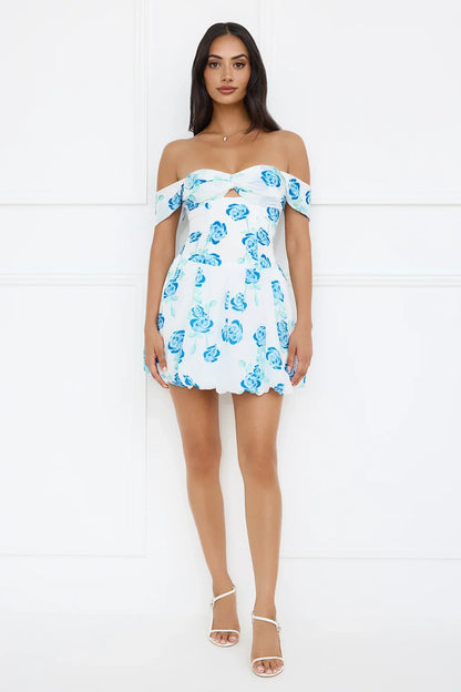 Easy Living Off Shoulder Bubble Mini Dress Blue